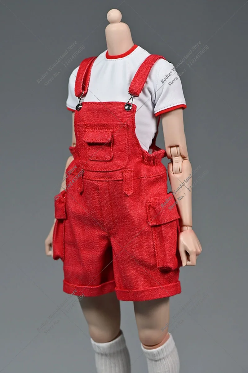 Red Color 1/6 Scale Women's Pocket Overalls Shorts Rompers Pant Model for 12Inch Female Action Figure Model Doll