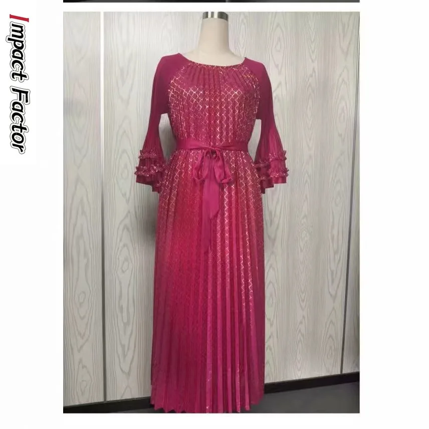 

Miyake Fashion Women's Bronzing Flared Sleeve Dress Thickened Golden Velvet Casual Long Skirt 2025 Summer New Dress