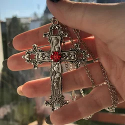 Y2K Vintage Baroque Christian Cross Necklace for Women Men Silver Color with Red Crystals Gothic Crucifix Easter Unisex Jewelry