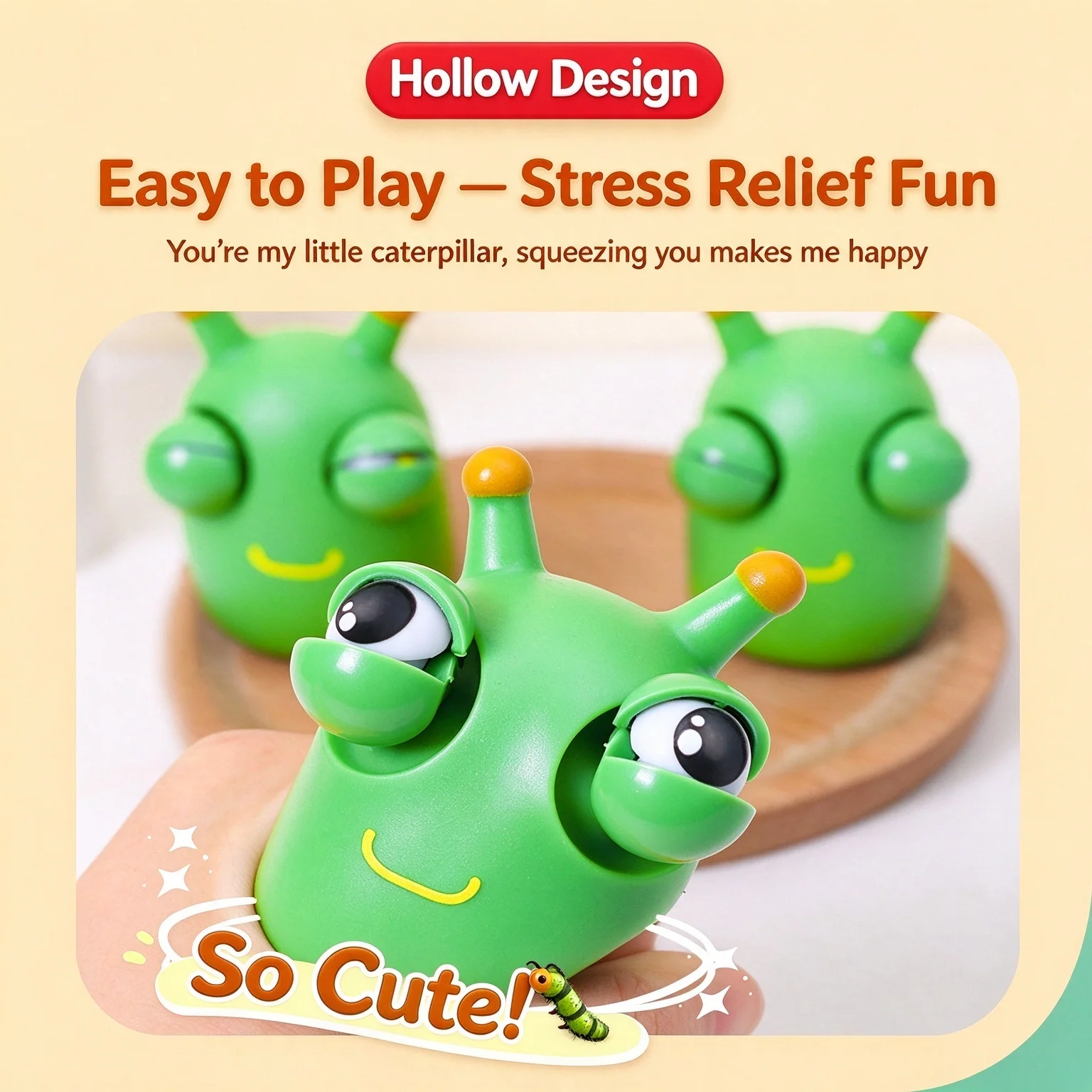 Pop Out Eyes Caterpillar Squishy Toy, Soft Squeeze Fidget with Dual Bulging Eyes for Stress Relief and Office Desk Play