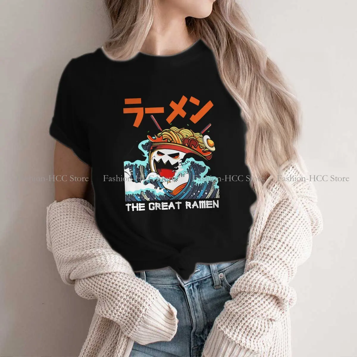 

Essential Casual Polyester TShirt The Great Ramen Off Kanagawa Printing Tops Comfortable T Shirt Women Short Sleeve