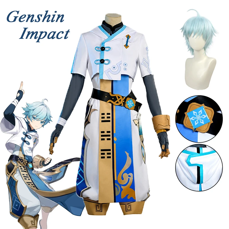 

Game Genshin Impact Chongyun Cosplay Costume Blue White Uniform Full Set Wig Man Women Props Dress Party Halloween Role Play