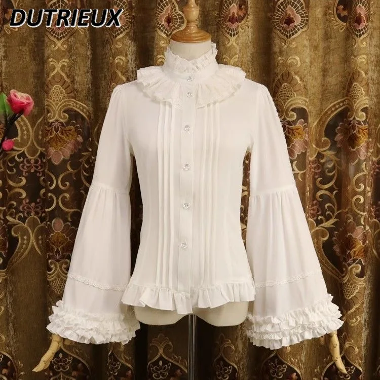 Lolita Sweet Stand-up Collar Long-sleeved Shirt Spring Autumn 2025 New Inner Slim-fit Gothic Style Solid Color Blouse for Women