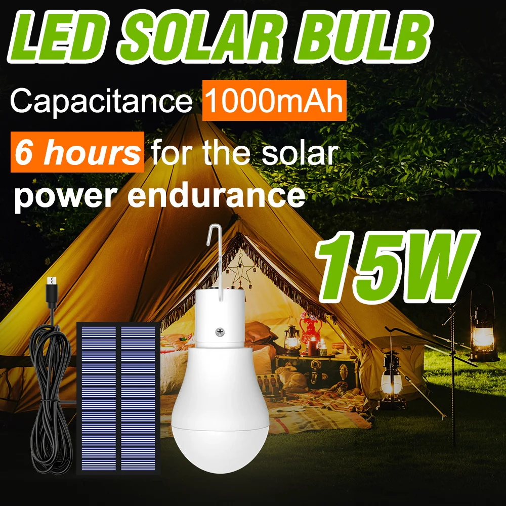 15W Solar Light Bulb Rechargeable LED IP65 Waterproof Solar Powered Lamp for Outdoor Indoor Camping Home Emergency Lighting Bulb