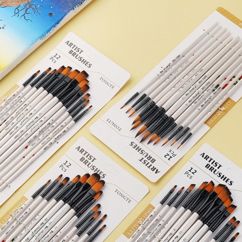 2023 pincéis pintura com 12 peças, ponta fina/redonda/plana/oblíqua, para iniciantes