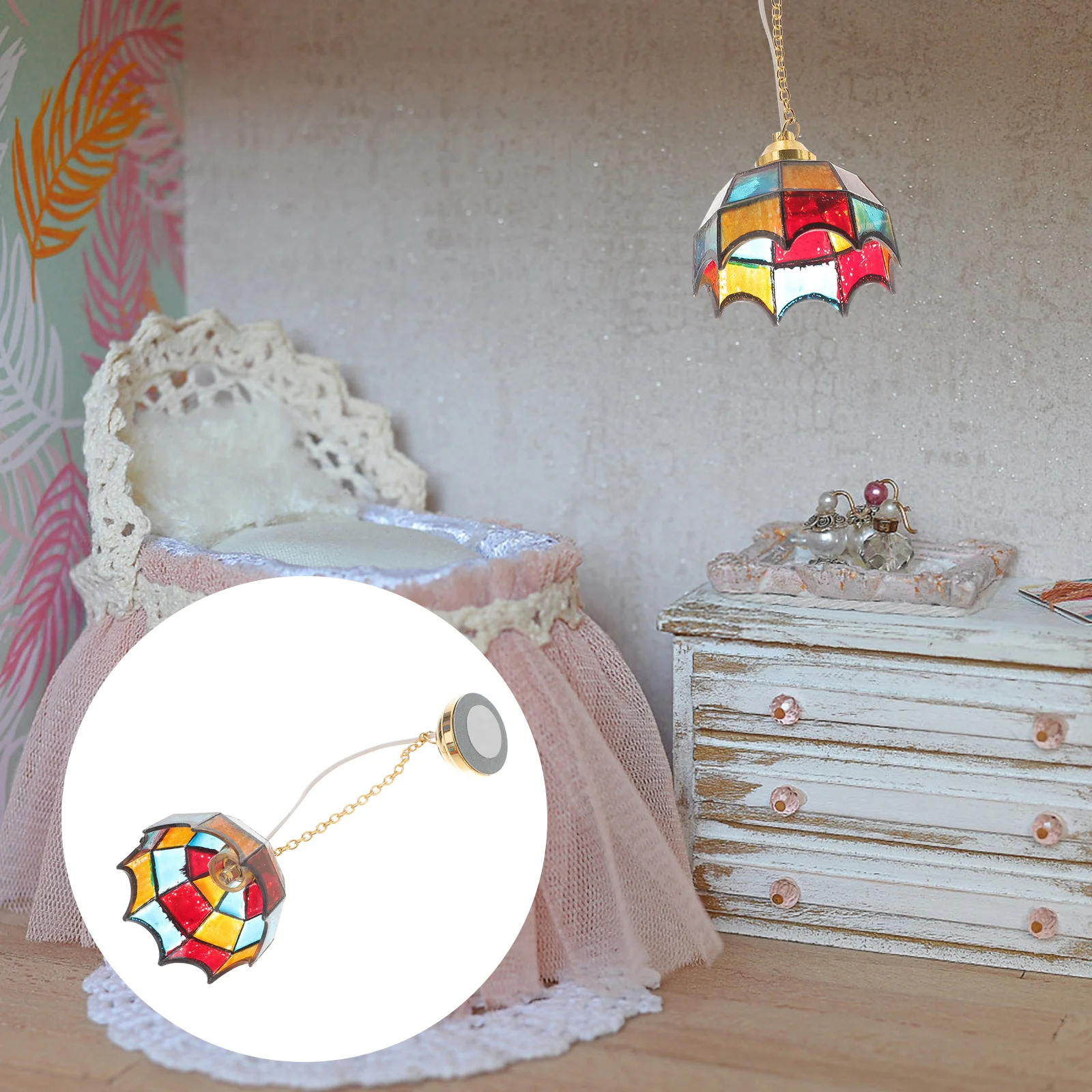 

1PC 12V Mini Adornment Mini Accessories Simulation Electric Light Color Electronic Chandelier Miniature Hanging Lamp No