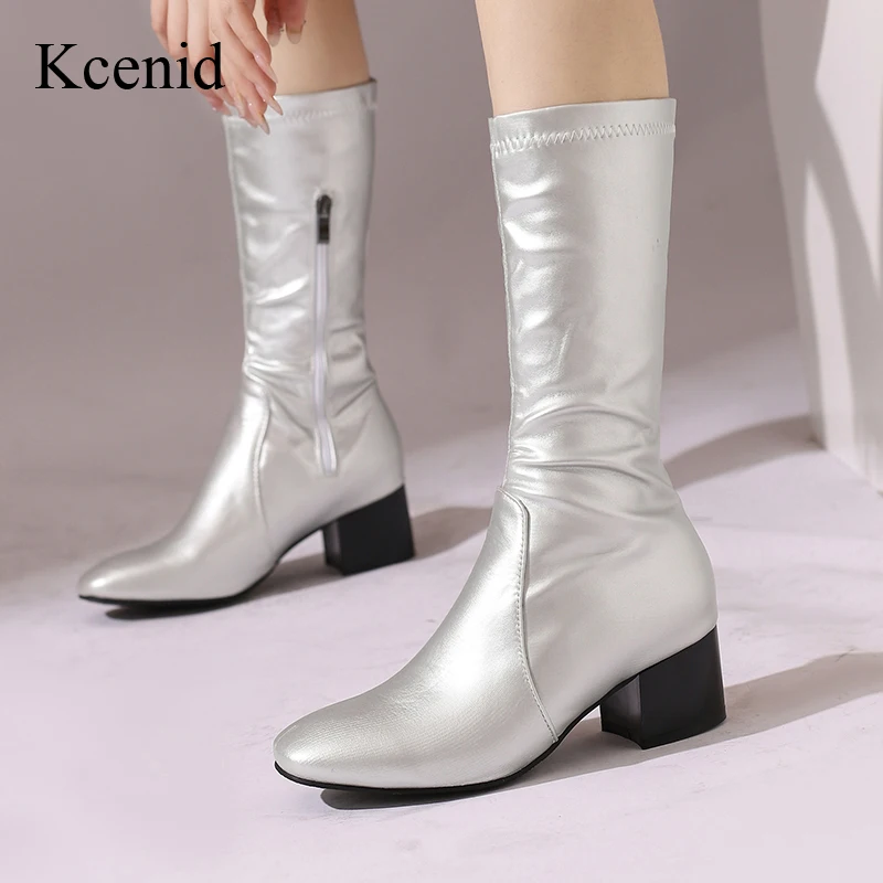 

Kcenid Autumn Winter New Chunky Heels Stretch Motorcycle Boots Women Square Toe Med Heel Designer Ankle Boots Big Size 35-50