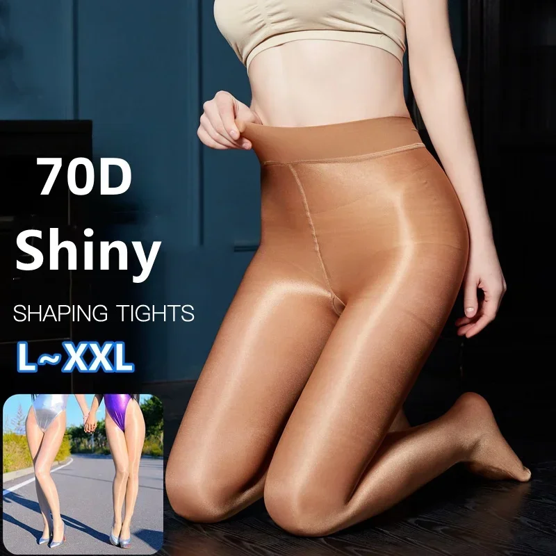 

FREEAUCE Oversize Womens 70D Shining Glossy Reflective Silk Pantyhose Plus Size Nightclub Party Performance Stockings Tights