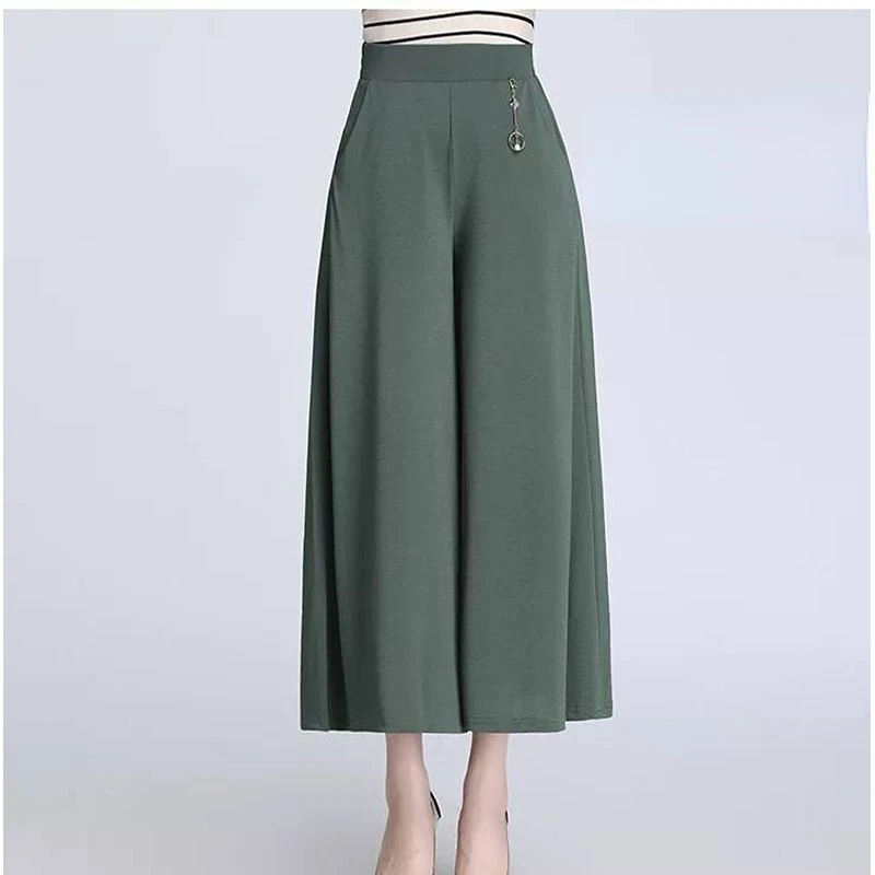 

Korean Fashion Women Summer Thin Ice Silk Wide Pants Large Relaxed Casual Versatile Solid Diamonds High Waist Pocket Trousers