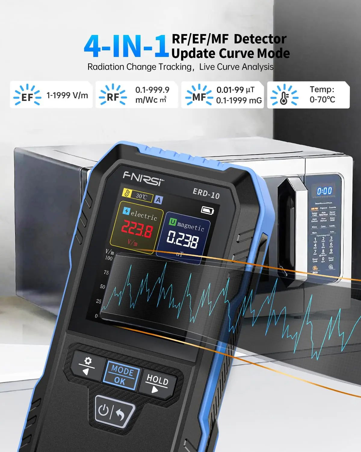 كاشف FNIRSI ERD-10 EMF، 4 في 1 مقياس إشعاع EMF مع وضع المنحنى، كاشف تردد الراديو للمجال الكهرومغناطيسي لقارئ EMF #2