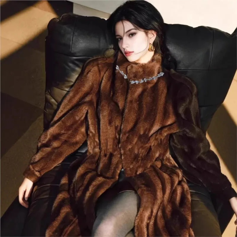 A long lapel leather coat mixed with fur for women casual and warm