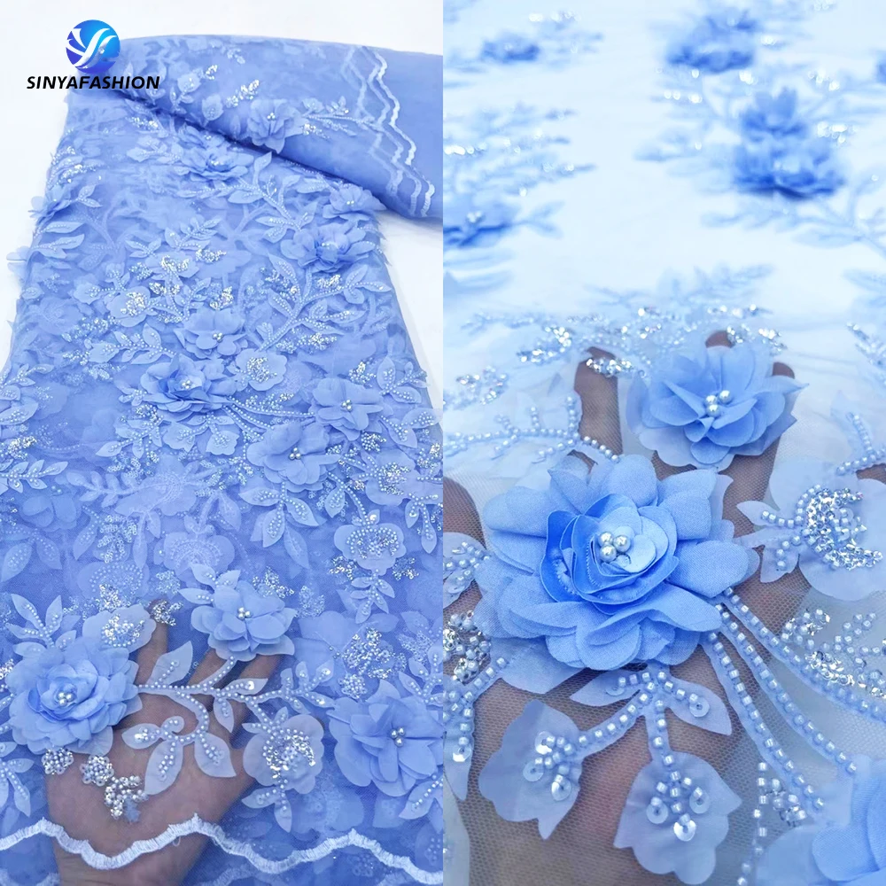 

Sinya Sky Blue African Sequins French Tulle Mesh Beaded Lace Fabric Luxury 2024 High Quality 3D Applique Flower Lace For Wedding