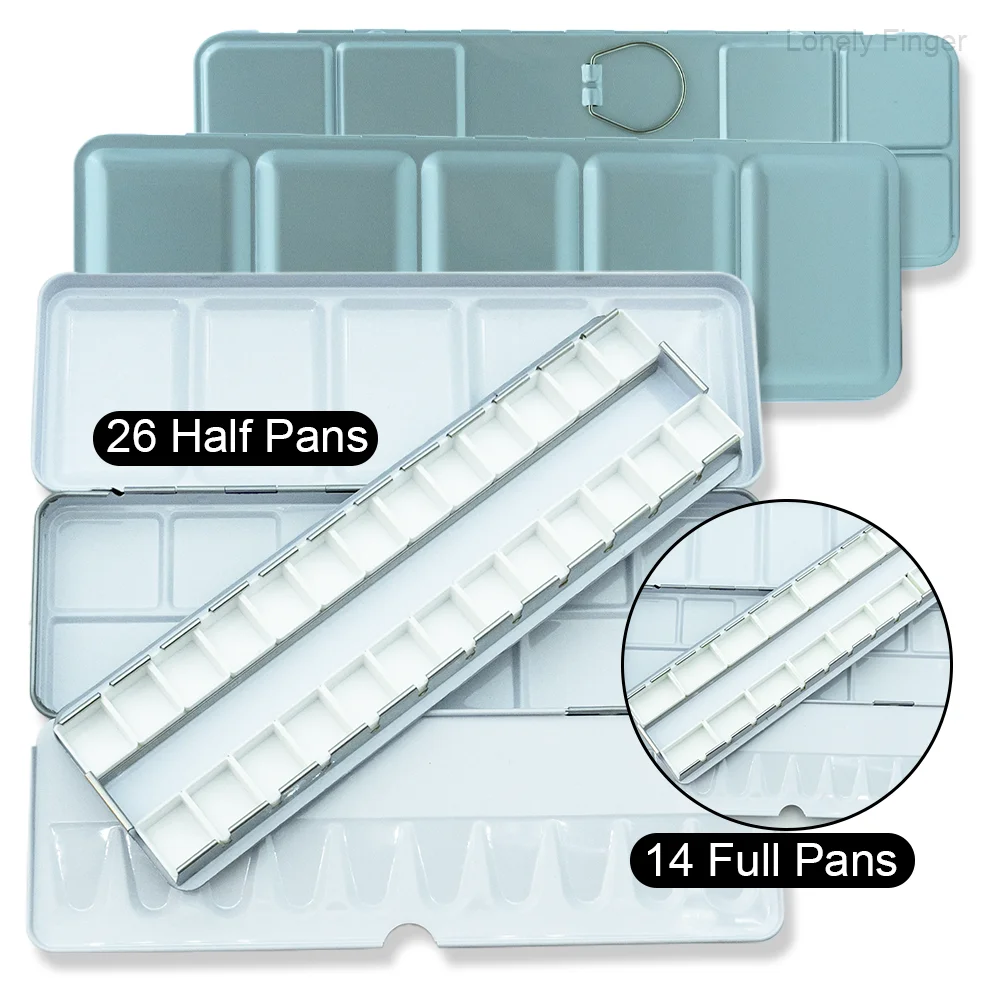 Paleta de pintura de acuarela de viaje: paleta vacía de lata de color agua con 14/26 sartenes - Caja de acuarela portátil con tapa de bandeja de mezcla