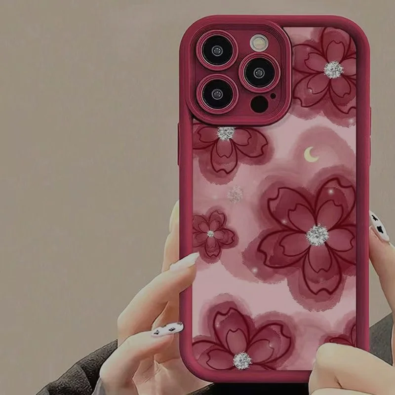 Moonlit Red Flower Printed Phone Case For iPhone 15 Pro Case iPhone 11 13 12 14 16 Pro Max XR XS X 7 8 Plus Shockproof Cover