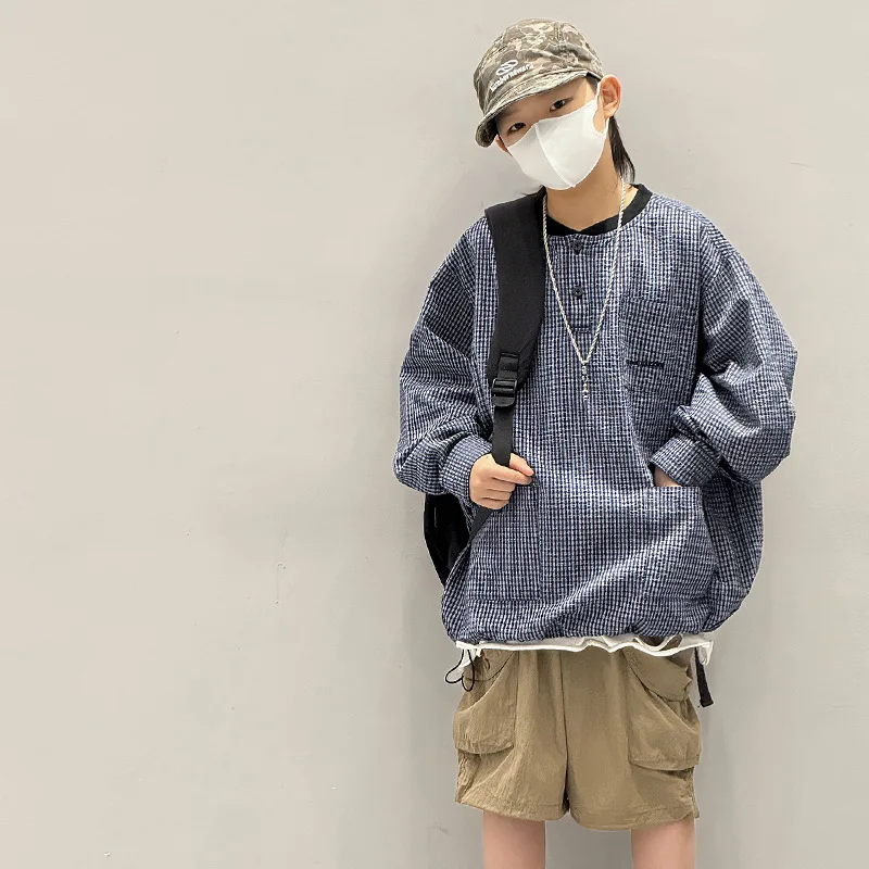 

2025 New Autumn Mid to Large Children's Checkered Western style Button Cotton Street Style Hoodie