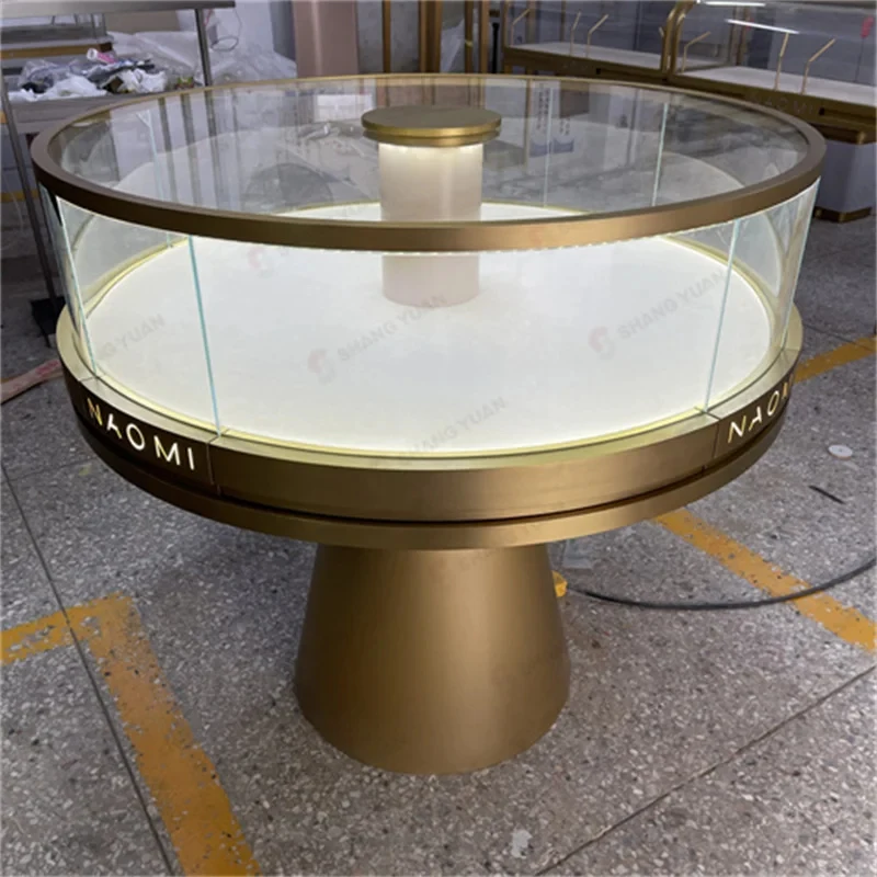 custom.Round Island Counter Custom Made Jewelry Showcases Gold Metal Glass LED Illuminated Luxury Retail OEM Direct Factory