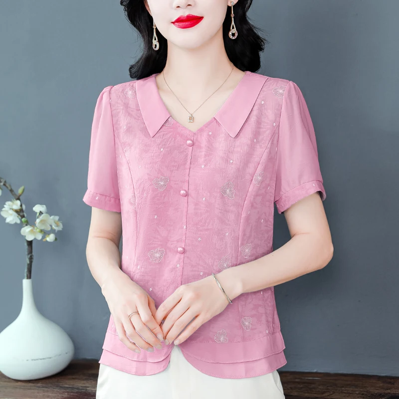 

Сплошная рубашка с вышивкой для женщин, топы, новинка лета 2025 года, одежда для матерей среднего и пожилого возраста