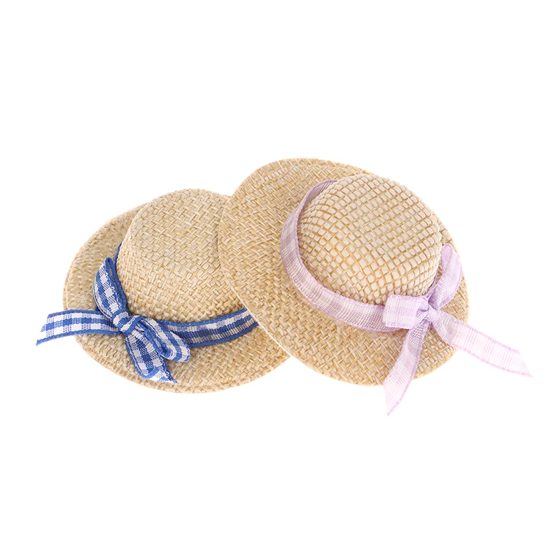 2Pcs Miniature Straw Hat Mini Doll Straw Hats With Bow Hat Doll House Ornament Hand Weaved Dollhouse Accessories