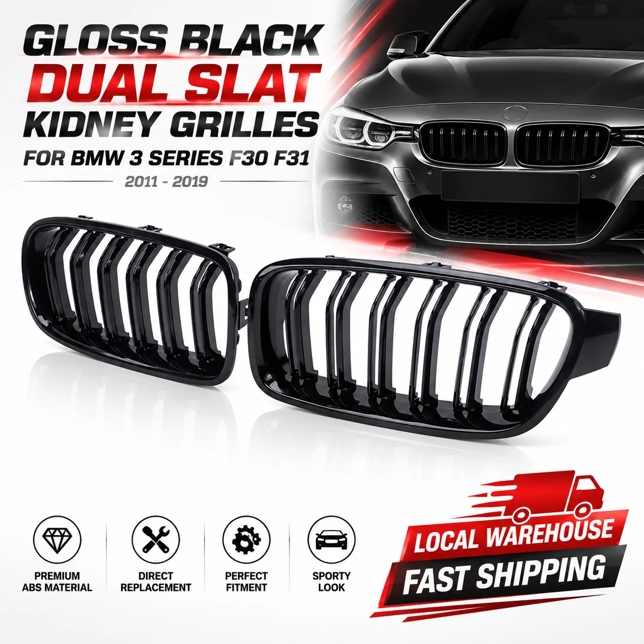 Frontgrill, glänzend schwarzer Doppel-Lamellen-Nierengrill, für BMW 3er F30 F31 2011-2019