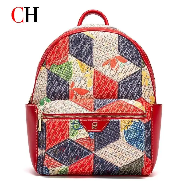 CH Luxury Women Backpack PU Leather Monogram Large Capacity Travel School Daily Fashion Designer Style Red Trim