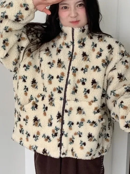 

Korean Sle Winter Faion Anti-Aging Floral Cotton Blend Retro Lamb Fur Loose Versatile Sweatirt Jaet Women's New Model
