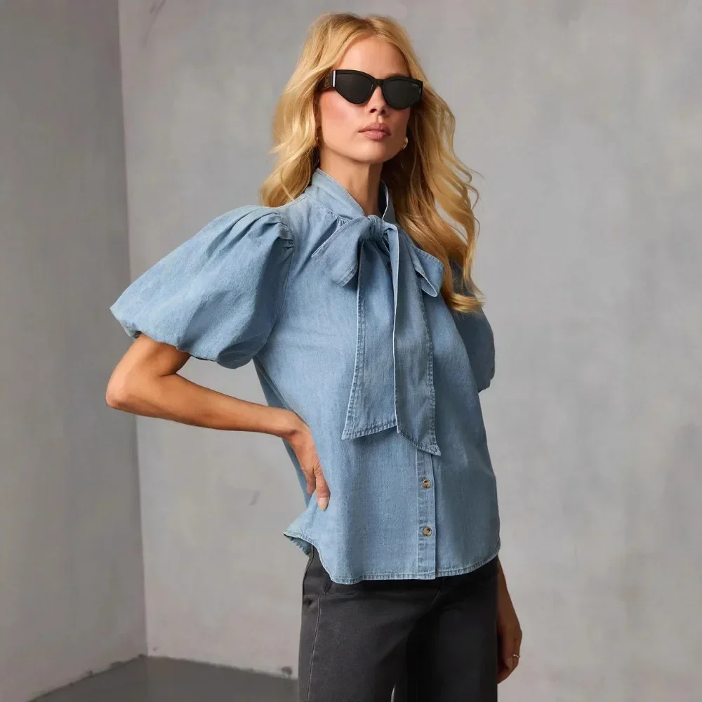 Women Retro Denim Shirt European Style Casual Loose Lantern Sleeve Tie Detail Jean Blouse Ladies Top Chic Daily Streetwear New view 2