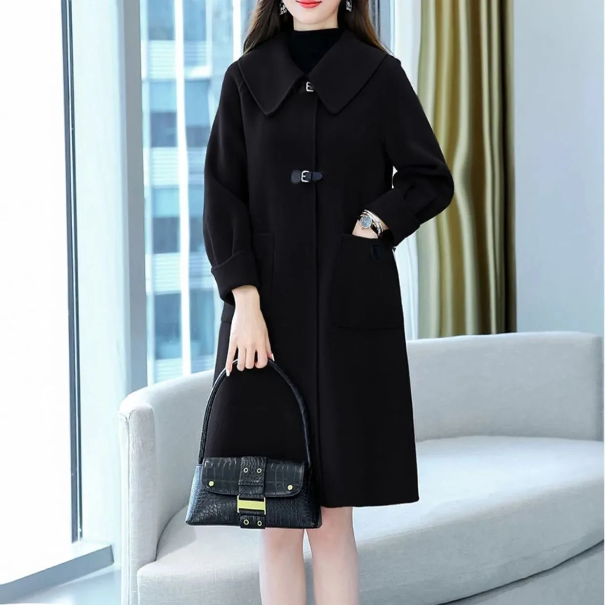 

6XL Large Size New Women Black Woolen Coat Autumn Winter Long Hepburn Wind Quilted Cotton Wool Jacket Female Elegant Overcoat