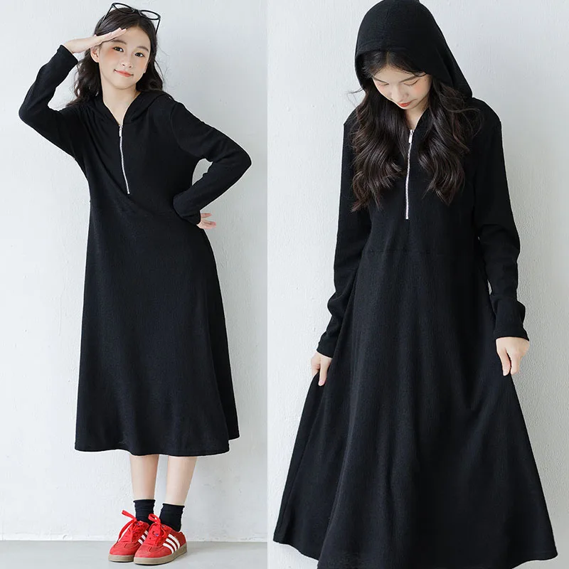 

Платье-свитер с капюшоном для девочек, детское вязаное платье с длинными рукавами, милые осенне-зимние вязаные платья, детская одежда для подростков, черный цвет 8–50 лет