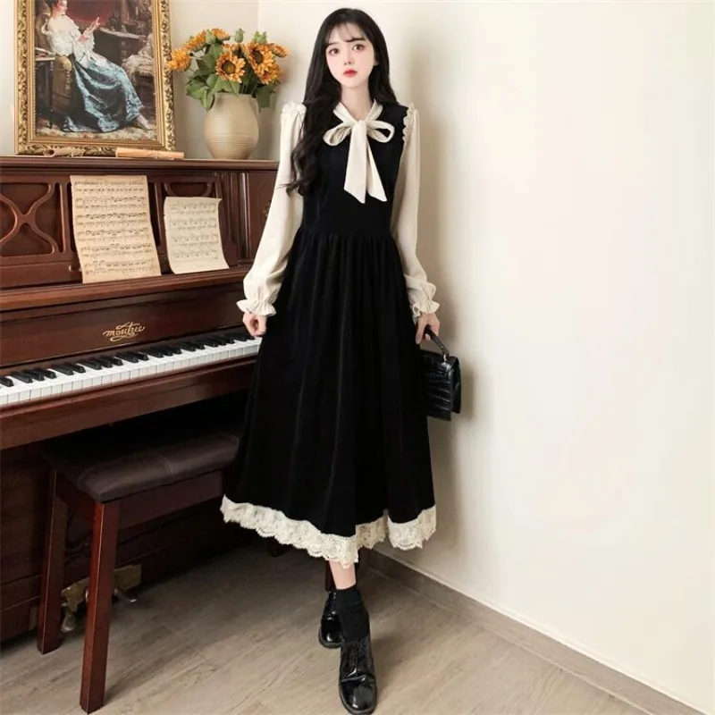 Dresses Women Lace Bow Chic Long Sleeve Trendy Mid-length Korean Fashion Elegant Tender Popular Autumn Vestidos Sweet Gentle