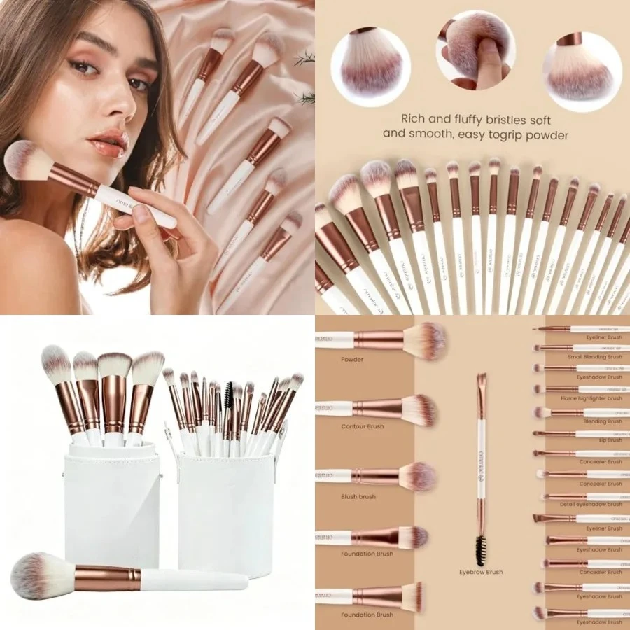 

20Pcs Makeup Brush Set Professional - Premium Synthetic Foundation Eyeshadow Blending Face Powder Brushes with Travel Case - Cruelty-Free Beauty Gift Kit for Beginners & Women (White)