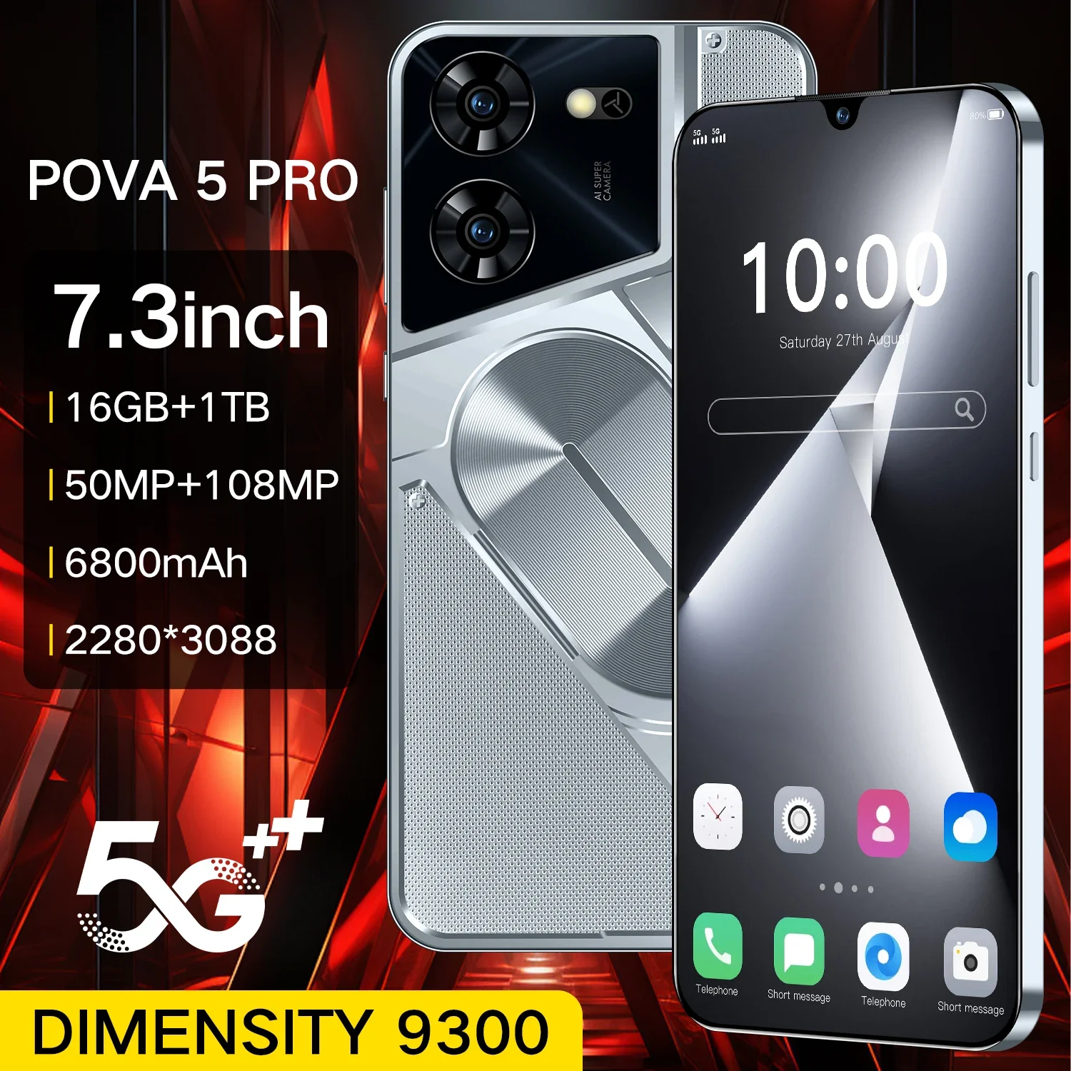 

Original Pova 5 Pro Smartphone 5G 7.3" Full HD Screen 6800mAh Dimensity 9300 Camera 108MP Android 14.0 Phone Unlocked celular