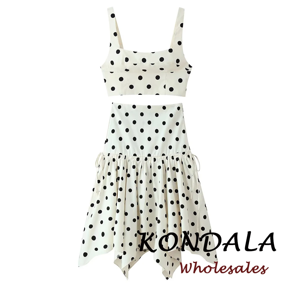 

KONDALA Chic 2026: Модный женский повседневный комплект с узором в горошек – укороченный жилет и асимметричная плиссированная драпированная длинная юбка миди