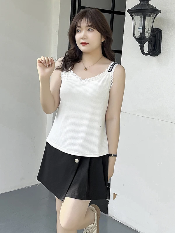 

plus Size 300 Pou Women's Korean Sle Casual Lace Splicing Strap Vest Ice Silk Svel Top Summer Loose Fit round Ne