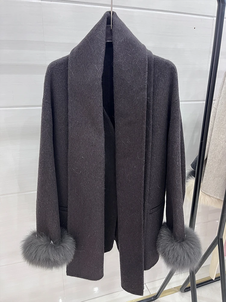 2024 Winter Women's Real Natural Fox Fur Collar Coat Wool Scarf Cashmere Warm Jacket Luxury Thick Female Coat