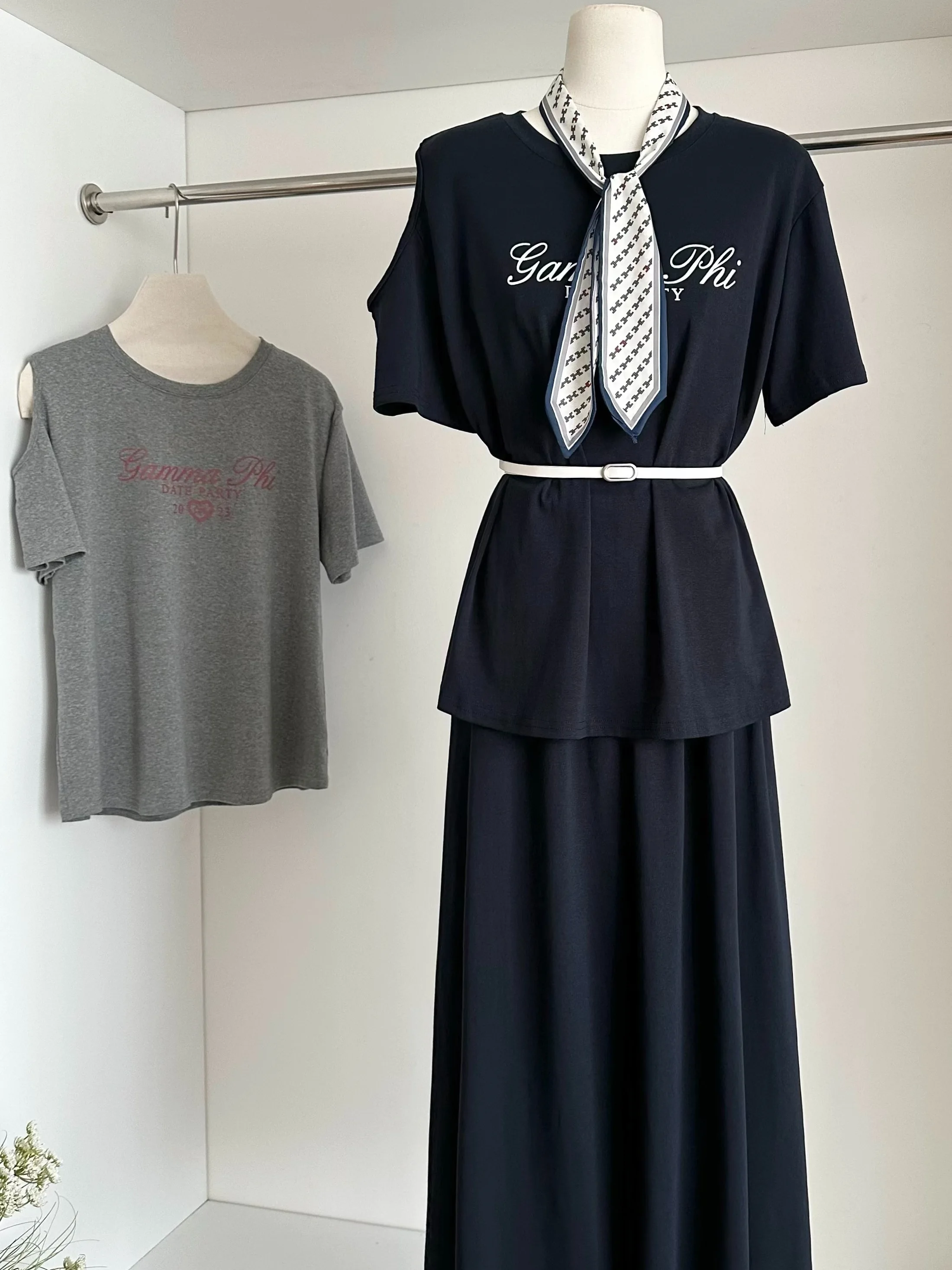 Корейский Sle Simple Agel Шелковый шарф с завязкой на талии Свободная круглая футболка Ne ort Sve с высокой талией Dra f Юбка Две...