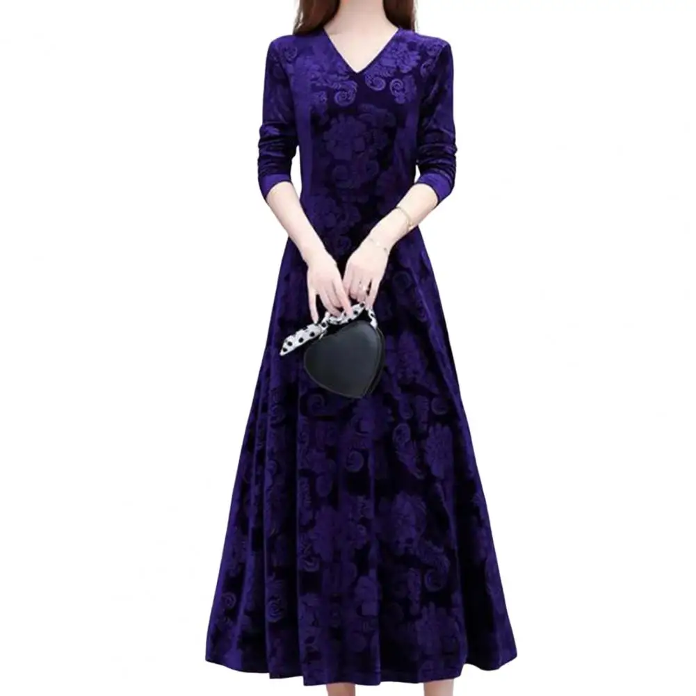 

Women Dress Classic Cozy Party Dress Spring Autumn Pleated Loose Hem Solid Color Velvet Maxi Dress for Office