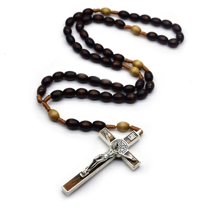 Collares cuentas madera, colgantes Cruz, collares Rosario, cadena cristiana, joyería, envío directo