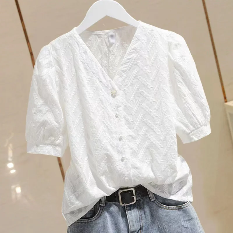 

White ort Sve irt Women's Brand Tag Removed Summer Faionable Cotton V-ne Breathable Button up Casual Top