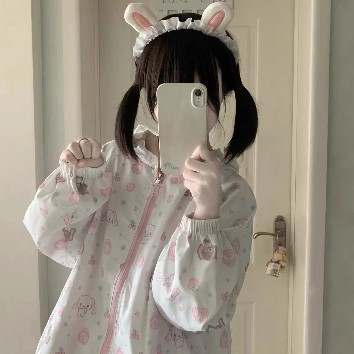 Japanische Kawaii Cartoon-Katzen-Print-Jacken Y2k Ästhetische Lässige Sonnenschutz-Reißverschluss-Damenoberteile Grunge Patchwork Kapuzenmäntel – Detail 12