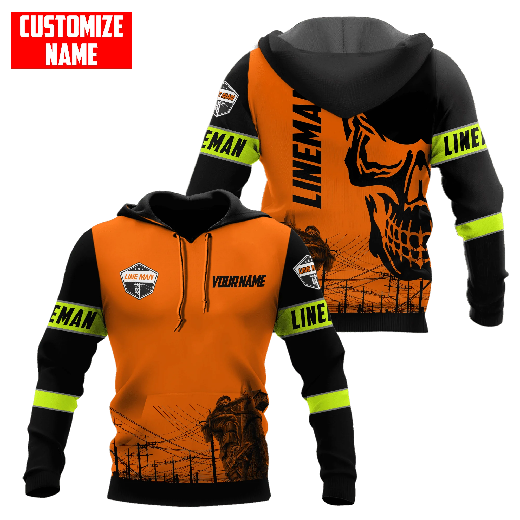 Customize Name Lineman 3D Printed Jacket Men/Women Hooded Sweatshirt Zipper Hoodies Casual Orange Streetwear Unisex Pullover-101