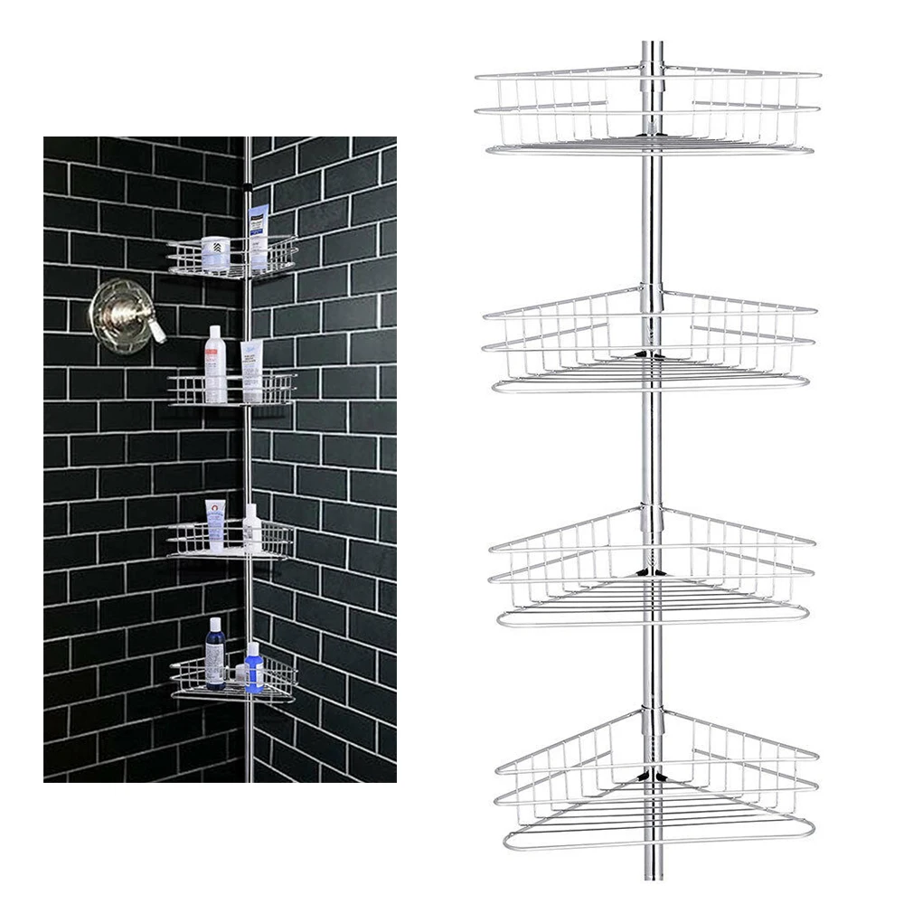 Rustproof Shower Rack 4 Layers Bathroom Corner Shelf Tension Pole Storage Rack