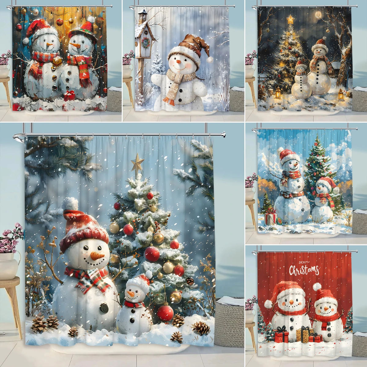 Snowman Shower Curtain Winter Holiday Farm Christmas Tree Snowflake Snow Painting Cartoon Home Fabric Bathroom Decor Curtain Set