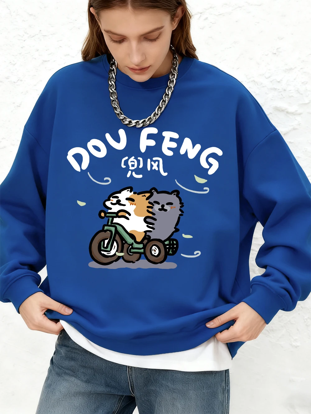 Cat Riding A Bike Printing Hoodies Womens Basic Crewneck Loose Sweatshirt Winter Warm Long Sleeves Tops Jogger Woman Clothes