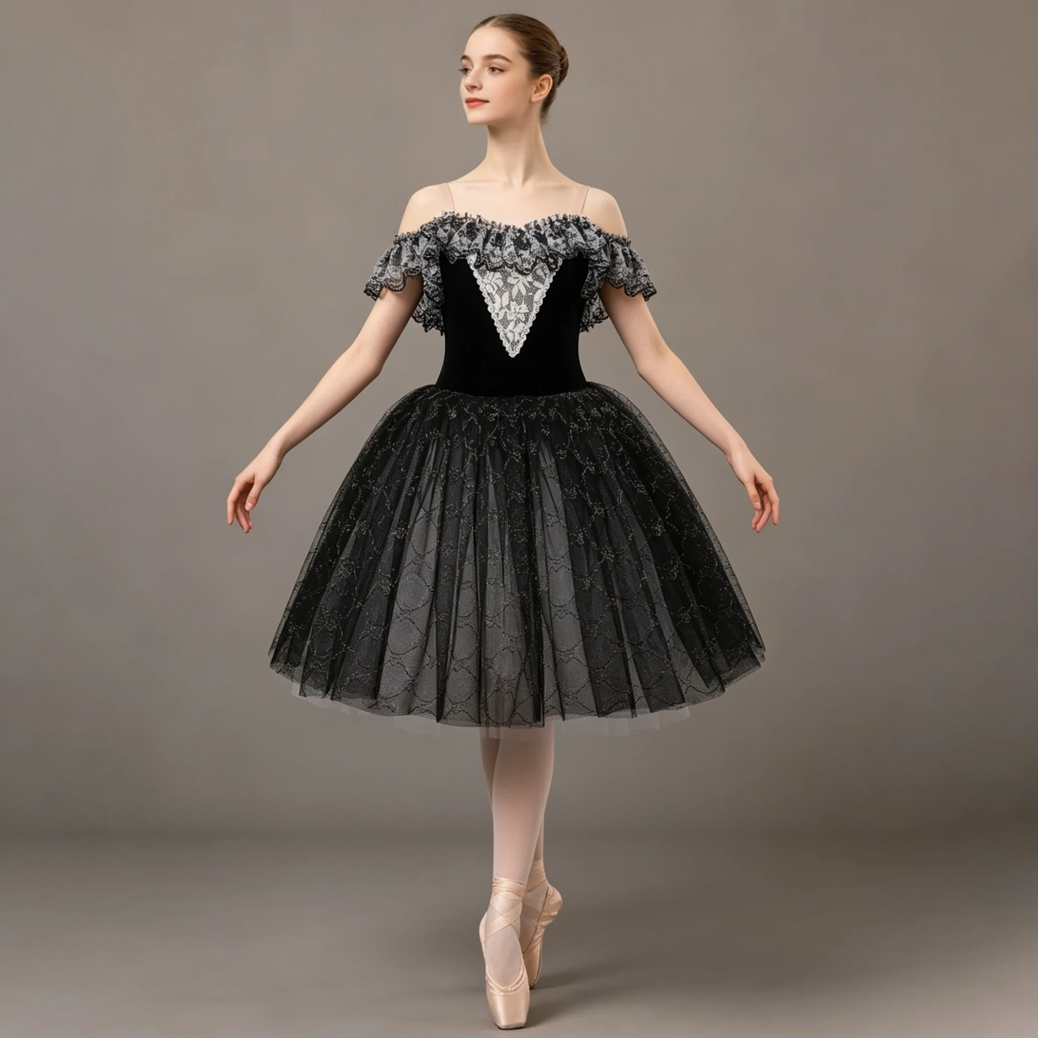 Girls Ballet Tutu Dress Silver Lace Applique Velvet Dance Costume Glitter Tulle Stage Performance Skirt with Straps