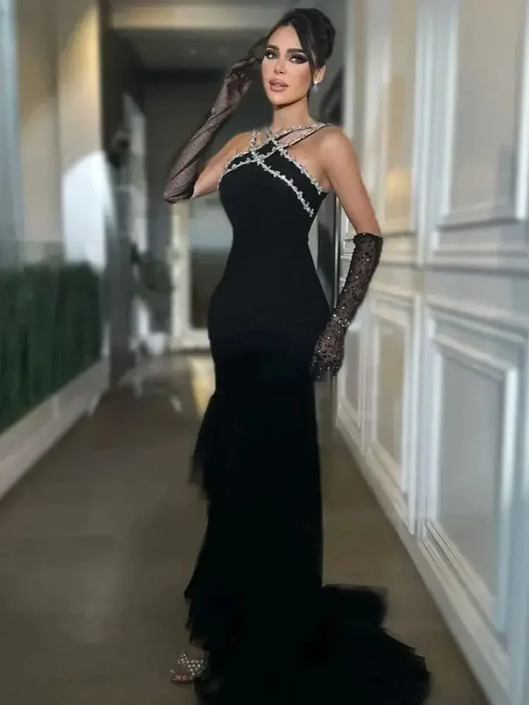 2024 Vestido largo sexy con diamantes brillantes y borde con volantes, nuevo diseño, vestido largo ajustado para ocasiones formales, vestido de noche para fiesta