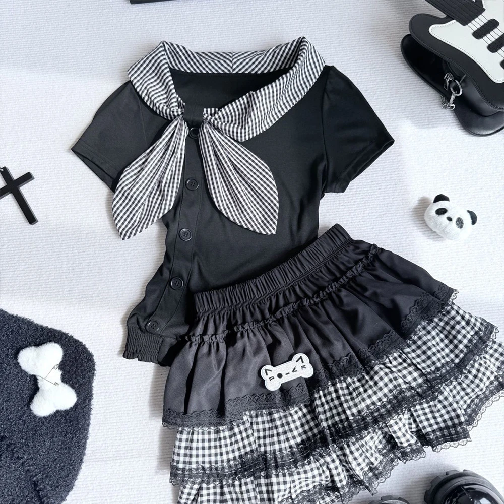 

Japanese Harajuku Y2K Set Korean Patch T-Shirt Short Sleeved Lace Spicy Girl Cake Punk Fluffy Skirt Kawaii Cute 2-Piece Set