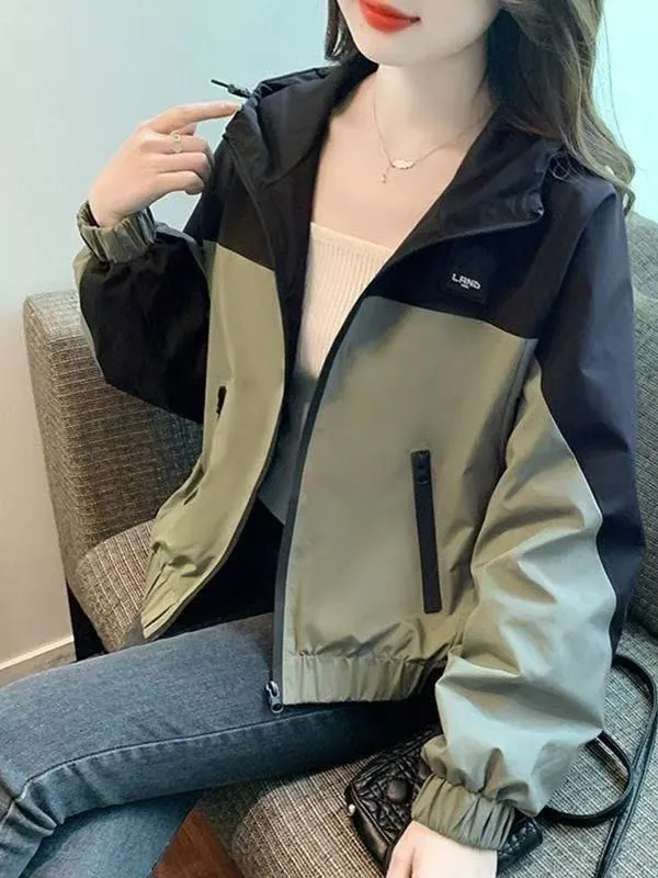 2025 New Color Block Short Jacket Casual Style Women's Fashion Sun Protection Clothing Polyester Fabric Zipper Closure Long S...