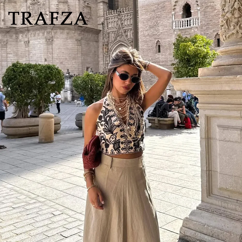 TRAFZA 2024 Spring Summer Cotton linen Embroidery Women Suits Fashion Streetwear V Neck Floral Vests+Chic Mini Pencil Skirts