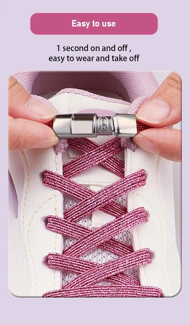 1 Paar elastische, flache Schnürsenkel ohne Binden, mehrfarbig, mit Glitzerfaden, dehnbare Schnürsenkel mit Zahlen-Druck-Metallschnalle – Detail 5