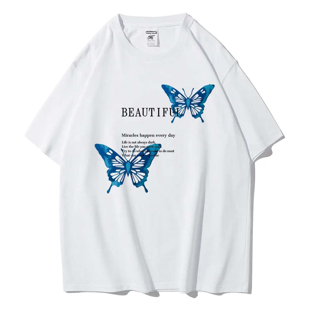 Beautiful Two Blue Butterflies Graphic Female T Shirts Street Hip Hop Short Sleeve Cotton Casual Tee Clothing Oversized T-Shirt